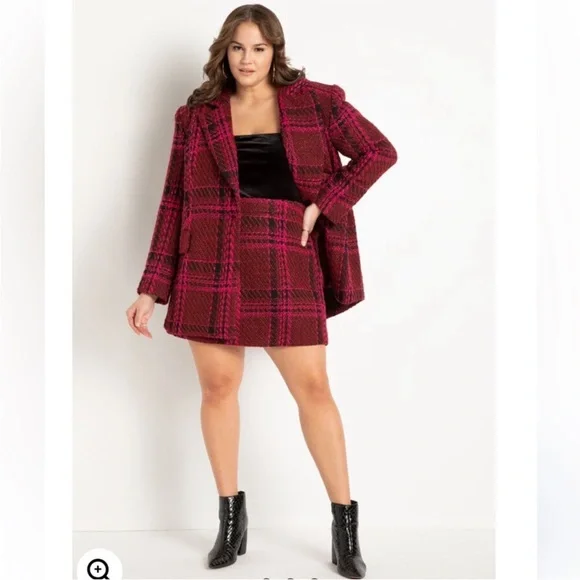 ❤️ELOQUII BOLD PINK, RED & BLACK DOUBLE BREASTED TWILL BLAZER - Picture 3 of 6